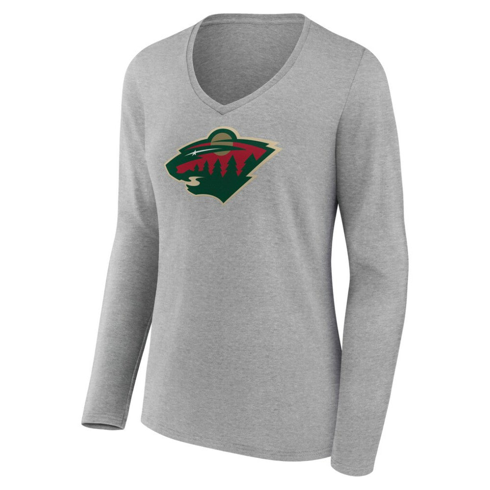 Minnesota Wild Women's Primary Logo Long Sleeve V-Neck T-Shirt - Gray | US 203555646