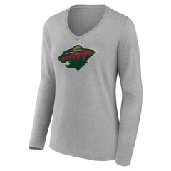 Minnesota Wild Women's Primary Logo Long Sleeve V-Neck T-Shirt - Gray | US 203555646