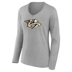 Nashville Predators Women's Primary Logo Long Sleeve V-Neck T-Shirt - Gray | US 203555649
