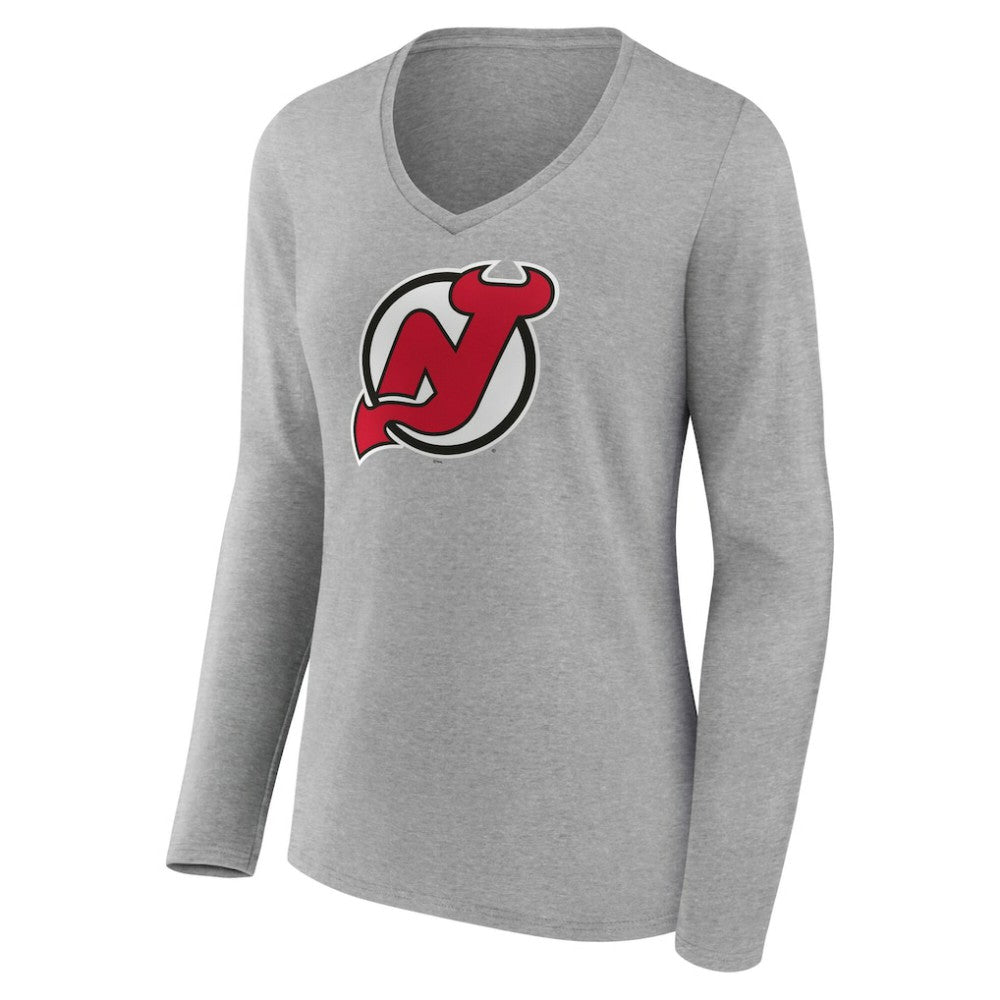 New Jersey Devils Women's Primary Logo Long Sleeve V-Neck T-Shirt - Gray | US 203555651