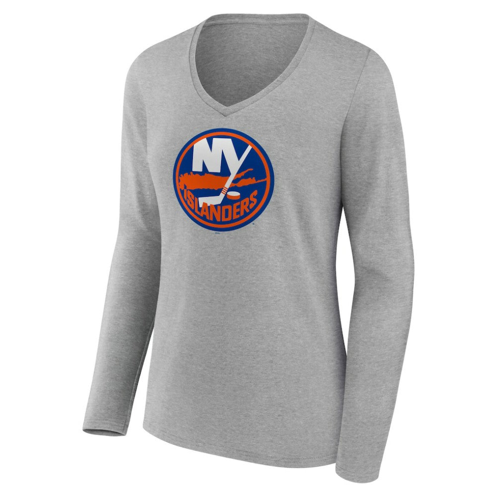 New York Islanders Women's Primary Logo Long Sleeve V-Neck T-Shirt - Gray | US 203555655
