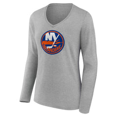 New York Islanders Women's Primary Logo Long Sleeve V-Neck T-Shirt - Gray | US 203555655