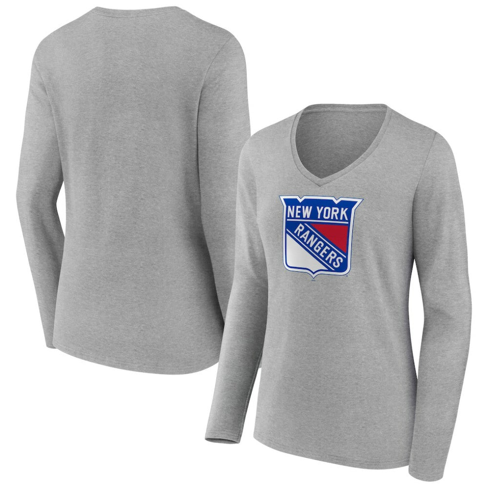 New York Rangers Women's Primary Logo Long Sleeve V-Neck T-Shirt - Gray | US 203555662