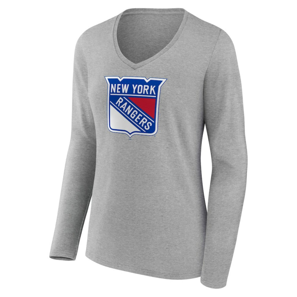 New York Rangers Women's Primary Logo Long Sleeve V-Neck T-Shirt - Gray | US 203555662