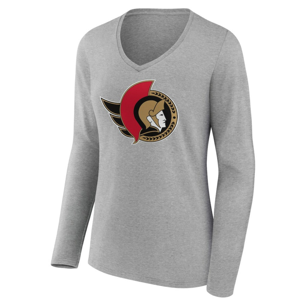 Ottawa Senators Women's Primary Logo Long Sleeve V-Neck T-Shirt - Gray | US 203555663