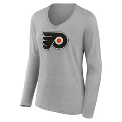 Philadelphia Flyers Women's Primary Logo Long Sleeve V-Neck T-Shirt - Gray | US 203555667