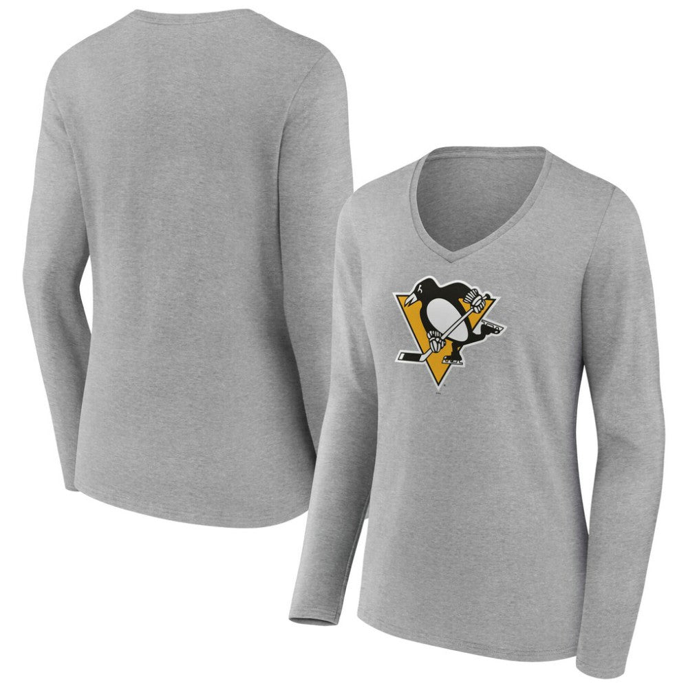 Pittsburgh Penguins Women's Primary Logo Long Sleeve V-Neck T-Shirt - Gray | US 203555668