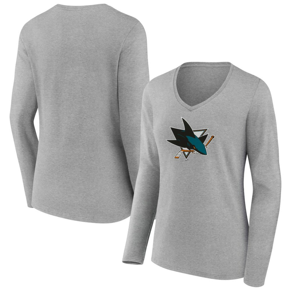 San Jose Sharks Women's Primary Logo Long Sleeve V-Neck T-Shirt - Gray | US 203555669