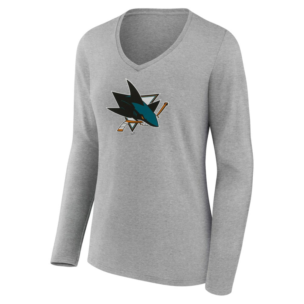 San Jose Sharks Women's Primary Logo Long Sleeve V-Neck T-Shirt - Gray | US 203555669