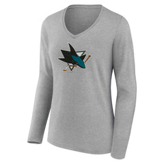 San Jose Sharks Women's Primary Logo Long Sleeve V-Neck T-Shirt - Gray | US 203555669