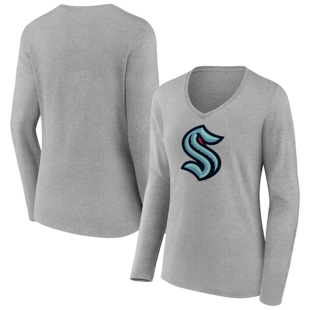 Seattle Kraken Women's Primary Logo Long Sleeve V-Neck T-Shirt - Gray | US 203555670