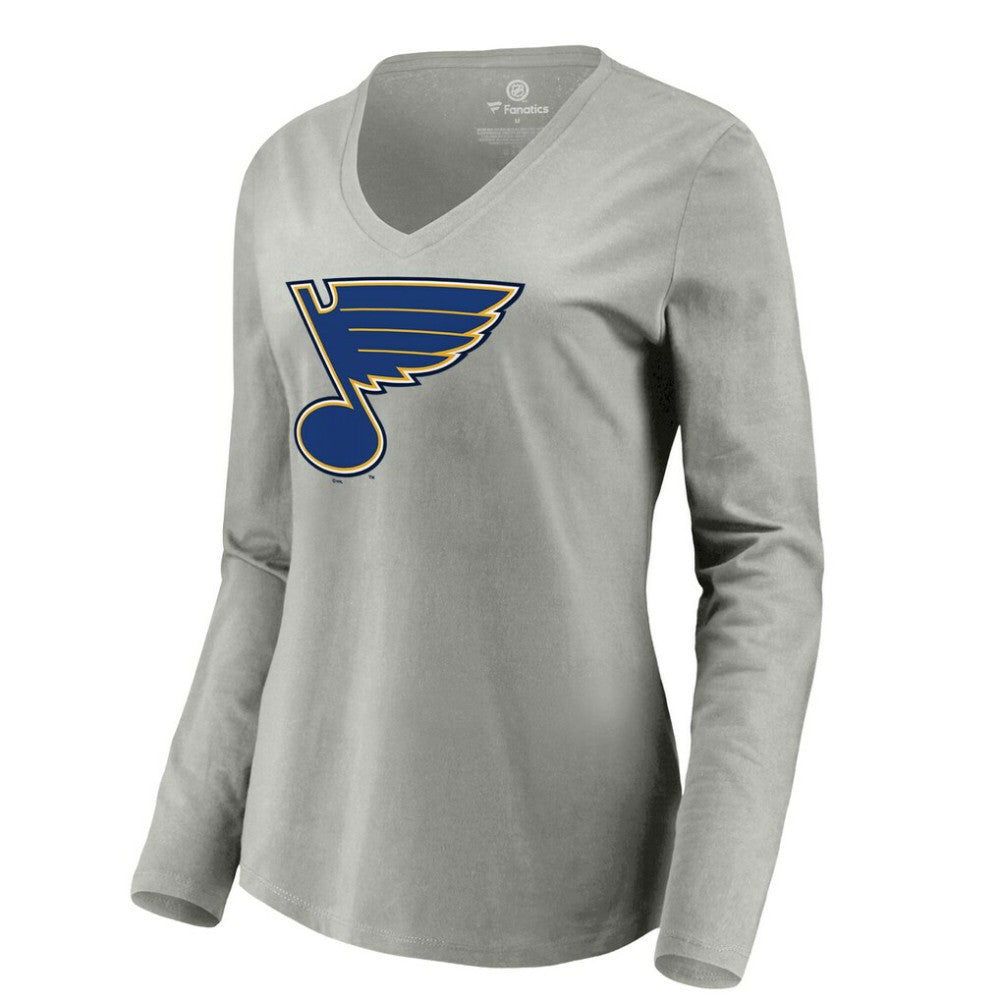 St. Louis Blues Women's Primary Logo Long Sleeve V-Neck T-Shirt - Gray | US 203555672