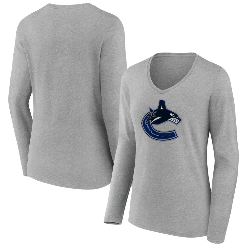 Vancouver Canucks Women's Primary Logo Long Sleeve V-Neck T-Shirt - Gray | US 203555678