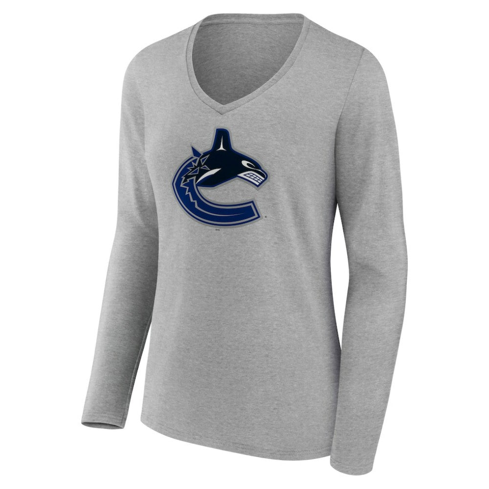 Vancouver Canucks Women's Primary Logo Long Sleeve V-Neck T-Shirt - Gray | US 203555678