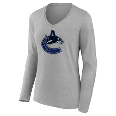 Vancouver Canucks Women's Primary Logo Long Sleeve V-Neck T-Shirt - Gray | US 203555678