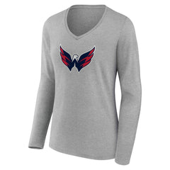 Washington Capitals Women's Primary Logo Long Sleeve V-Neck T-Shirt - Gray | US 203555682