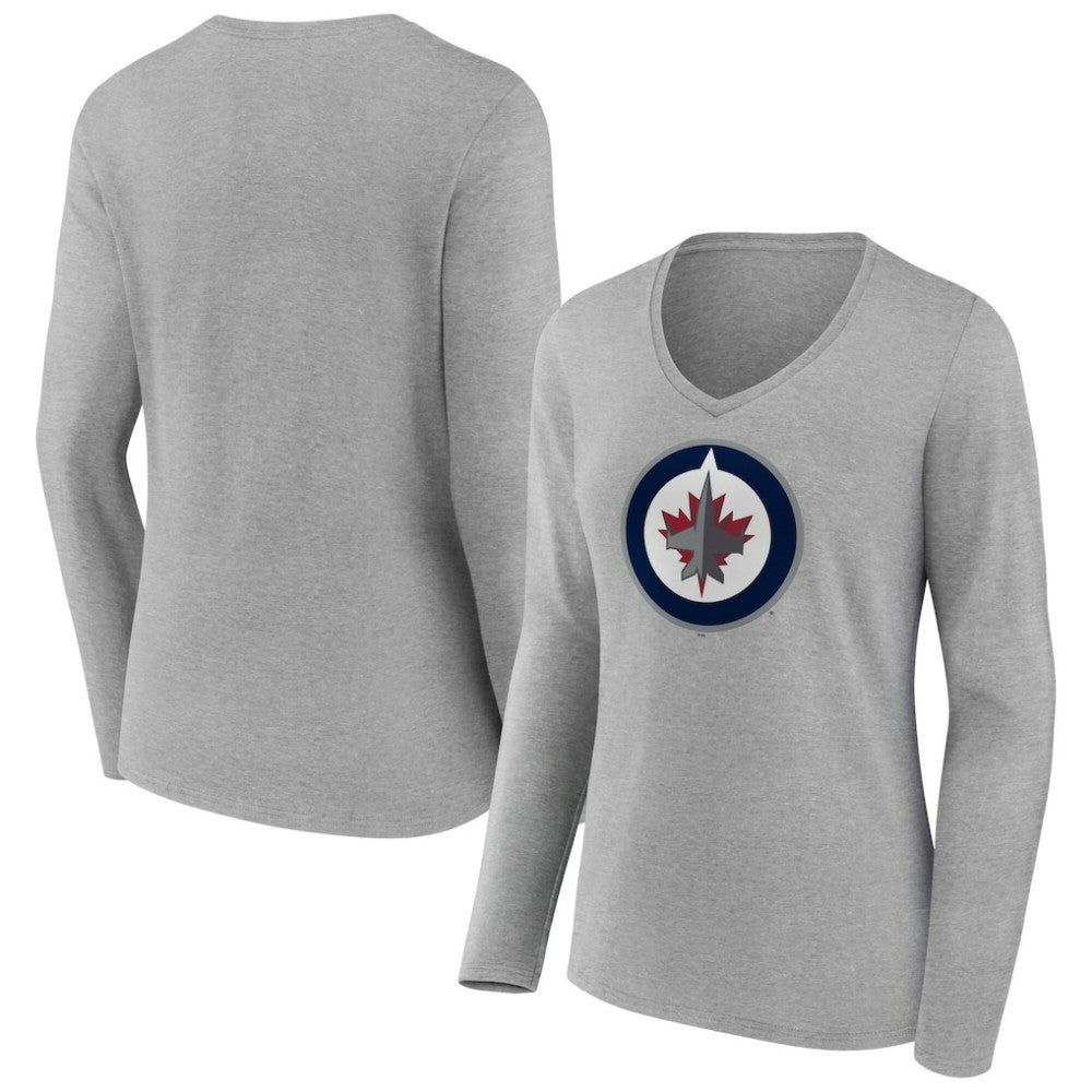 Winnipeg Jets Women's Primary Logo Long Sleeve V-Neck T-Shirt - Gray | US 203555683