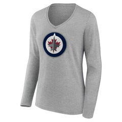 Winnipeg Jets Women's Primary Logo Long Sleeve V-Neck T-Shirt - Gray | US 203555683