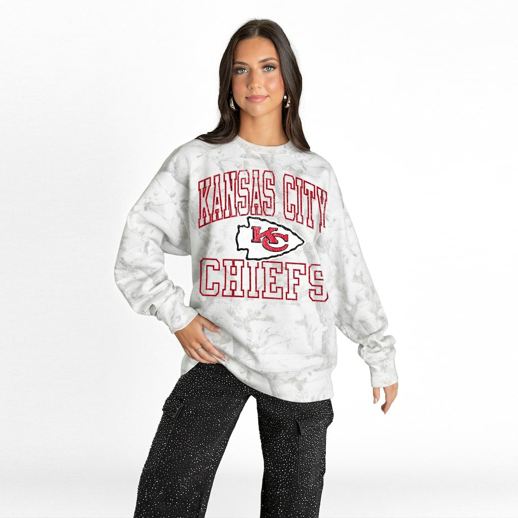 Kansas City Chiefs Gameday Couture Women's Whiteout Oversized Premium Fleece Sweatshirt - Arctic Camo Sweatshirts