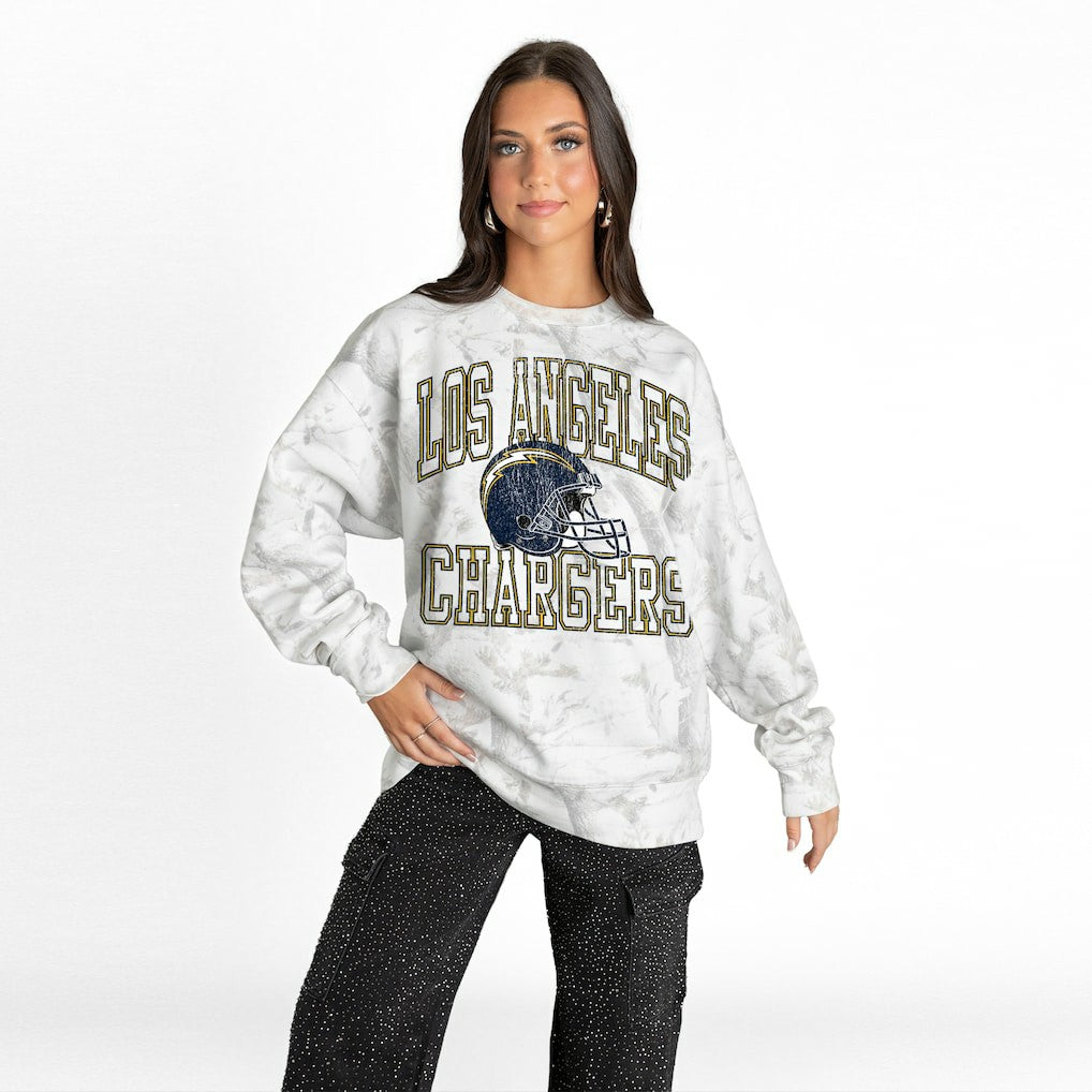 Los Angeles Chargers Gameday Couture Women's Whiteout Oversized Premium Fleece Sweatshirt - Arctic Camo Sweatshirts
