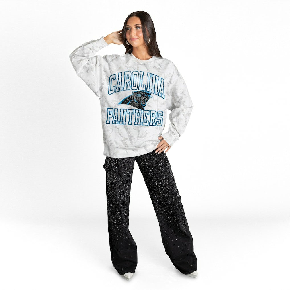Carolina Panthers Gameday Couture Women's Whiteout Oversized Premium Fleece Sweatshirt - Arctic Camo Sweatshirts