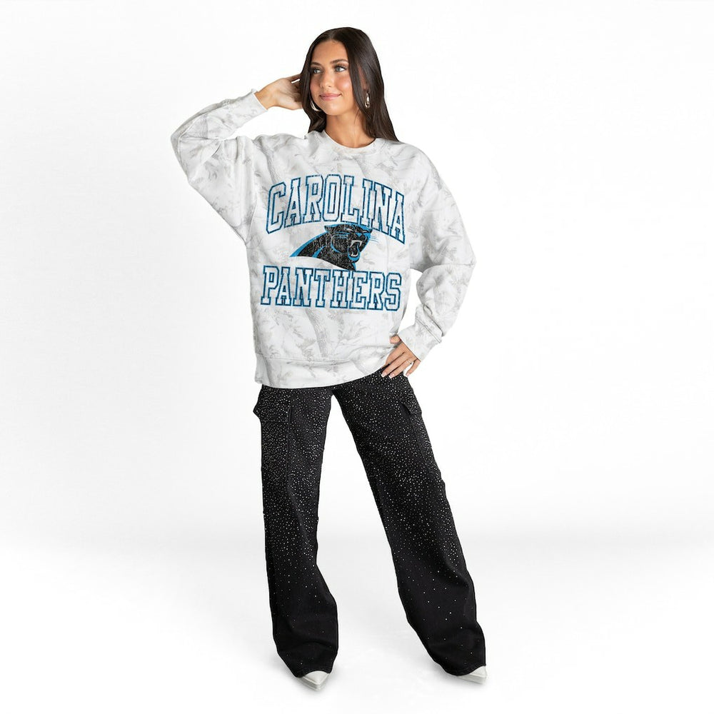 Carolina Panthers Gameday Couture Women's Whiteout Oversized Premium Fleece Sweatshirt - Arctic Camo Sweatshirts