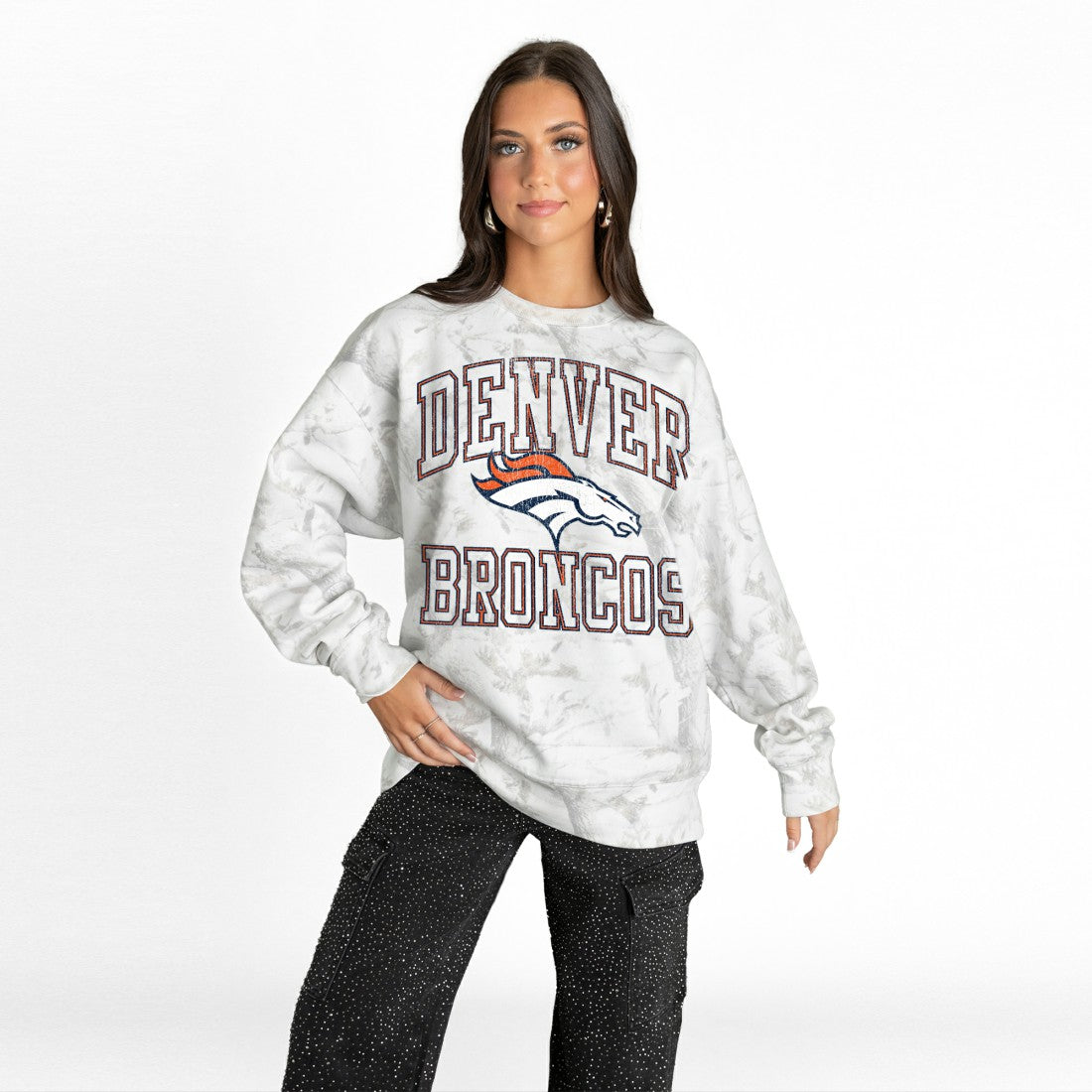 Denver Broncos Gameday Couture Women's Whiteout Oversized Premium Fleece Sweatshirt - Arctic Camo Sweatshirts