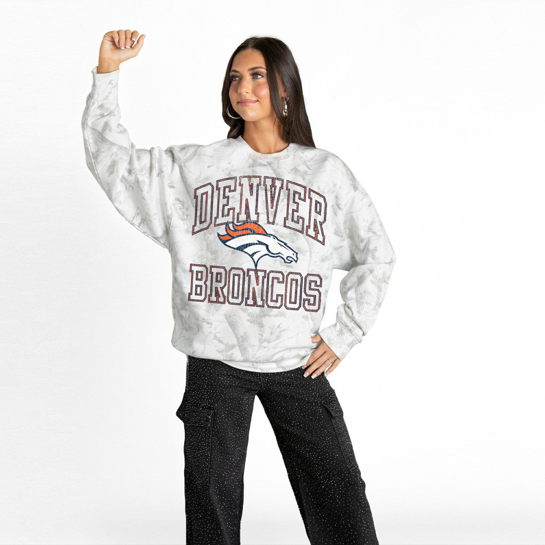 Denver Broncos Gameday Couture Women's Whiteout Oversized Premium Fleece Sweatshirt - Arctic Camo Sweatshirts