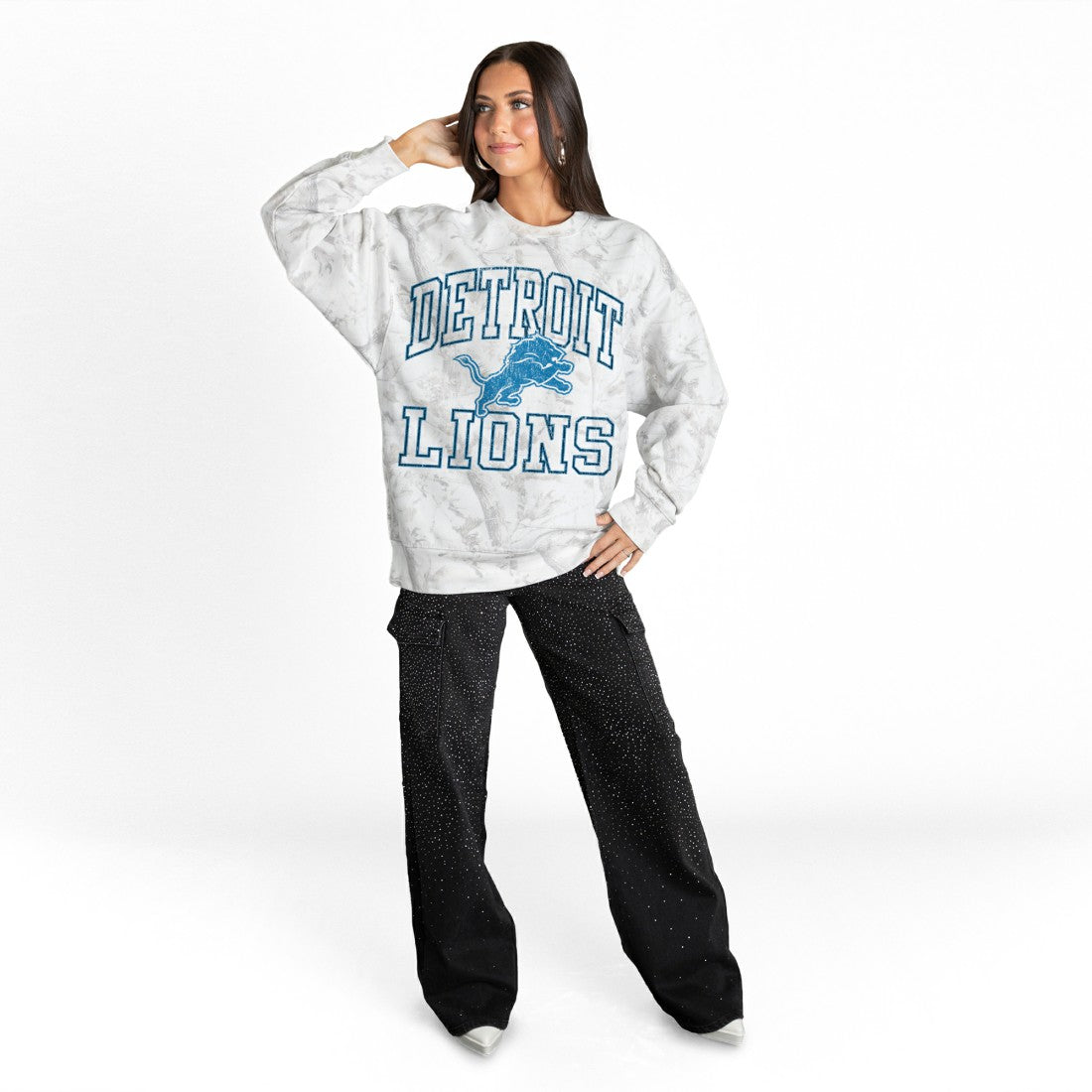 Detroit Lions Gameday Couture Women's Whiteout Oversized Premium Fleece Sweatshirt - Arctic Camo Sweatshirts
