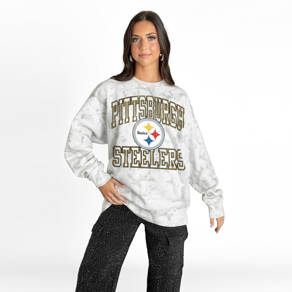 Pittsburgh Steelers Gameday Couture Women's Whiteout Oversized Premium Fleece Sweatshirt - Arctic Camo Sweatshirts