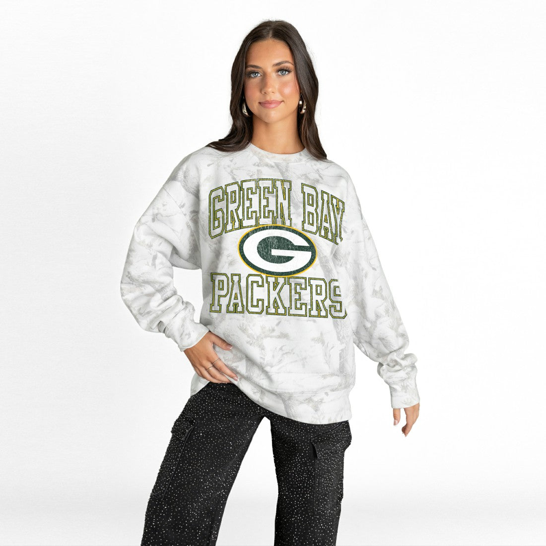 Green Bay Packers Gameday Couture Women's Whiteout Oversized Premium Fleece Sweatshirt - Arctic Camo Sweatshirts