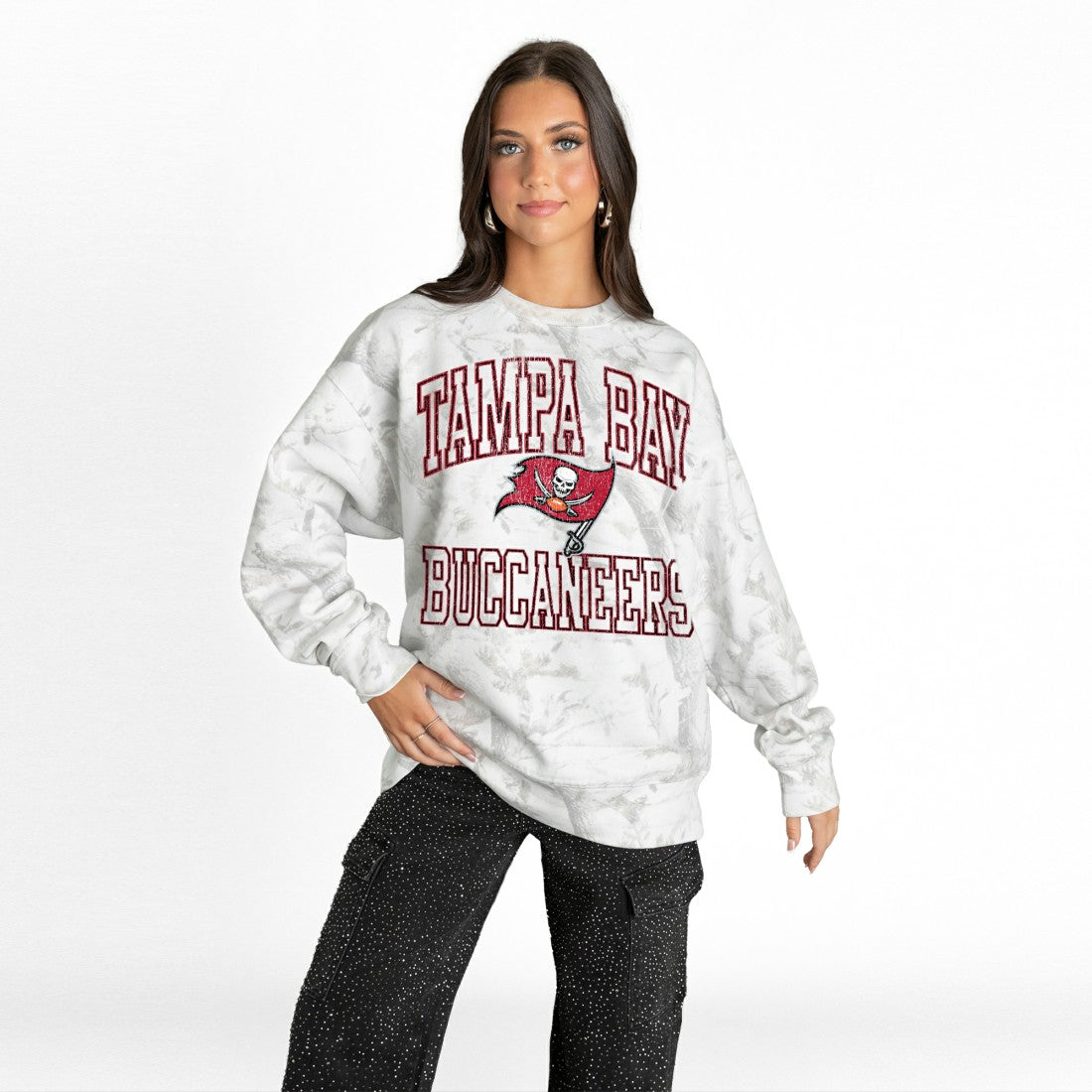 Tampa Bay Buccaneers Gameday Couture Women's Whiteout Oversized Premium Fleece Sweatshirt - Arctic Camo Sweatshirts