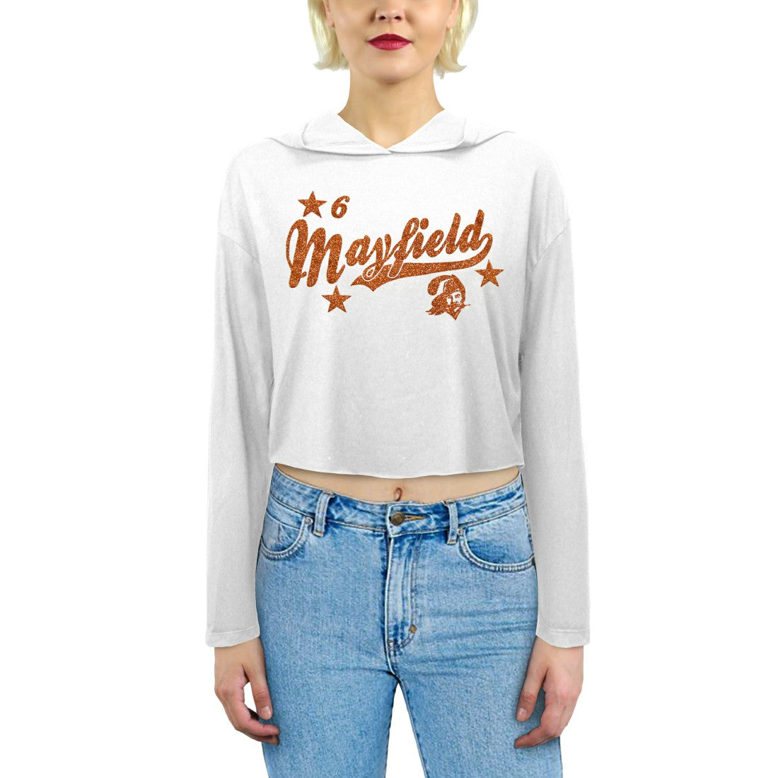 Baker Mayfield Tampa Bay Buccaneers Majestic Threads Women's Glitter Wordmark Hoodie - White Hoodies