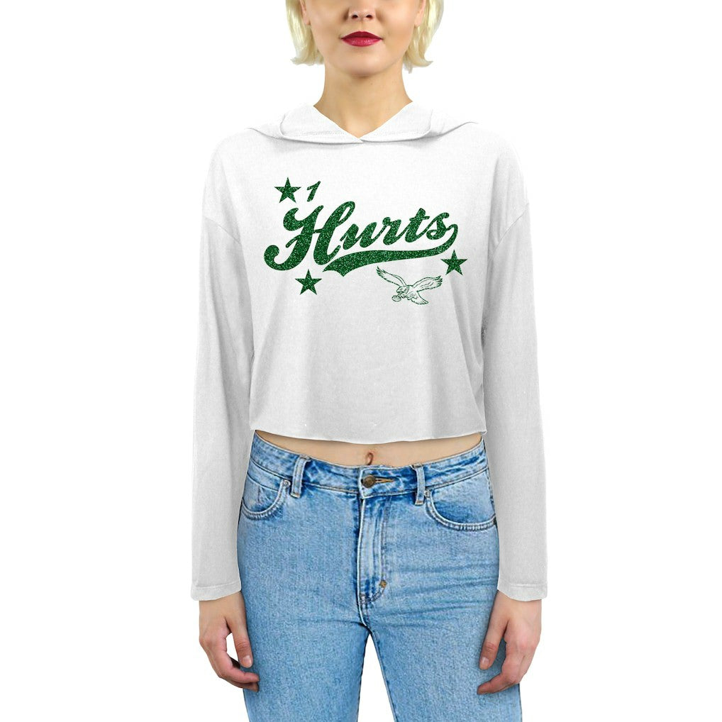 Jalen Hurts Philadelphia Eagles Majestic Threads Women's Glitter Wordmark Hoodie - White Hoodies
