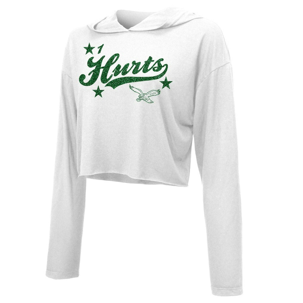 Jalen Hurts Philadelphia Eagles Majestic Threads Women's Glitter Wordmark Hoodie - White Hoodies