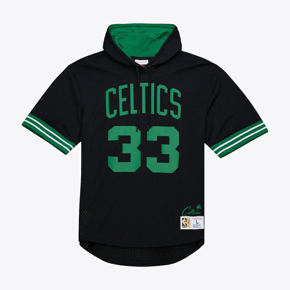 Larry Bird Boston Celtics Mesh Name & Number Short Sleeve Hoodie Black - Mitchell & Ness