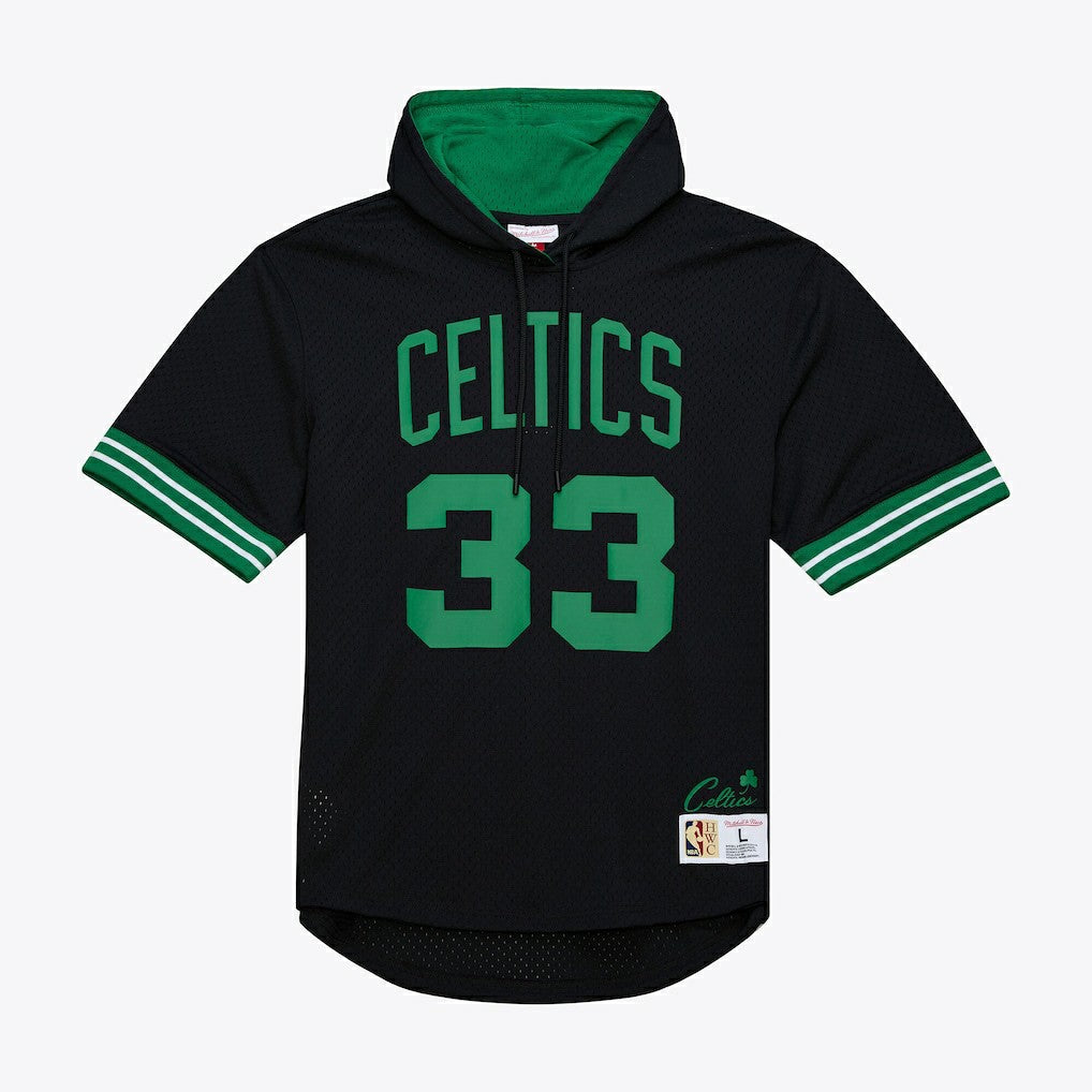 Larry Bird Boston Celtics Mesh Name & Number Short Sleeve Hoodie Black - Mitchell & Ness