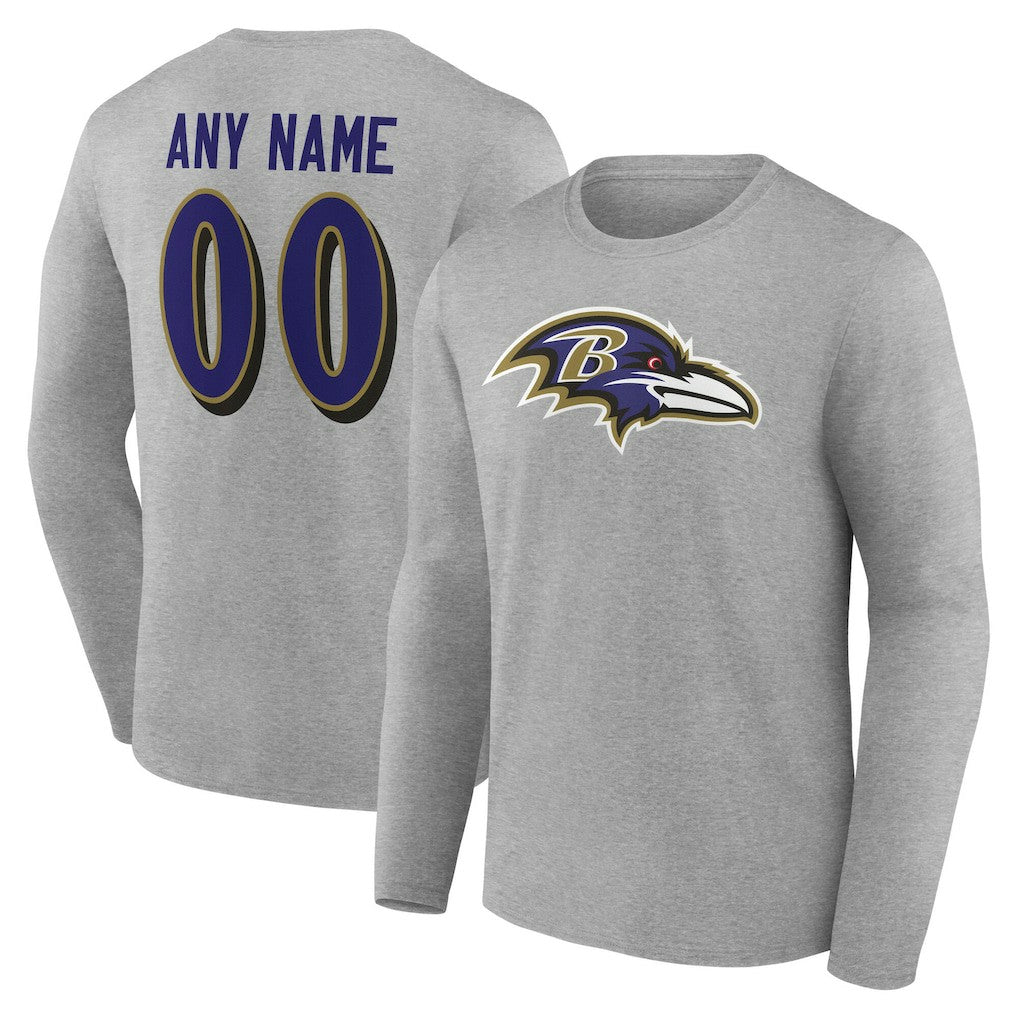 Baltimore Ravens Team Authentic Personalized Name & Number Long Sleeve T-Shirt - Gray T-shirts