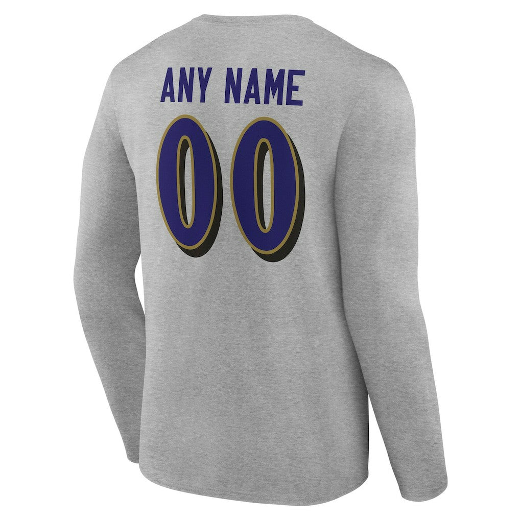 Baltimore Ravens Team Authentic Personalized Name & Number Long Sleeve T-Shirt - Gray T-shirts