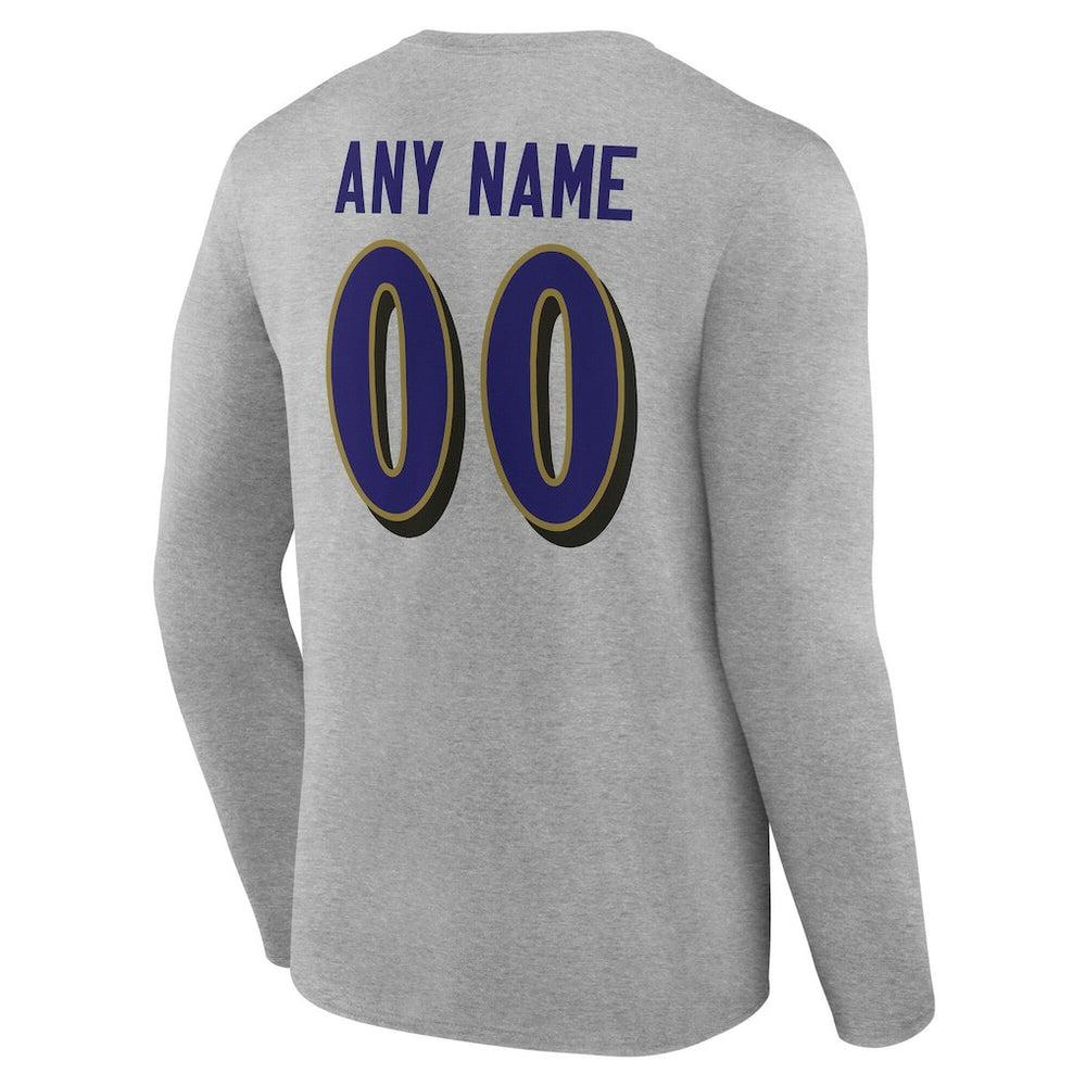 Baltimore Ravens Team Authentic Personalized Name & Number Long Sleeve T-Shirt - Gray T-shirts