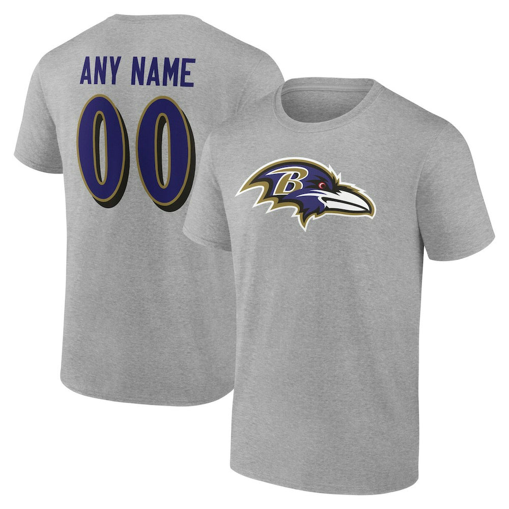 Baltimore Ravens Team Authentic Personalized Name & Number T-Shirt - Gray T-shirts