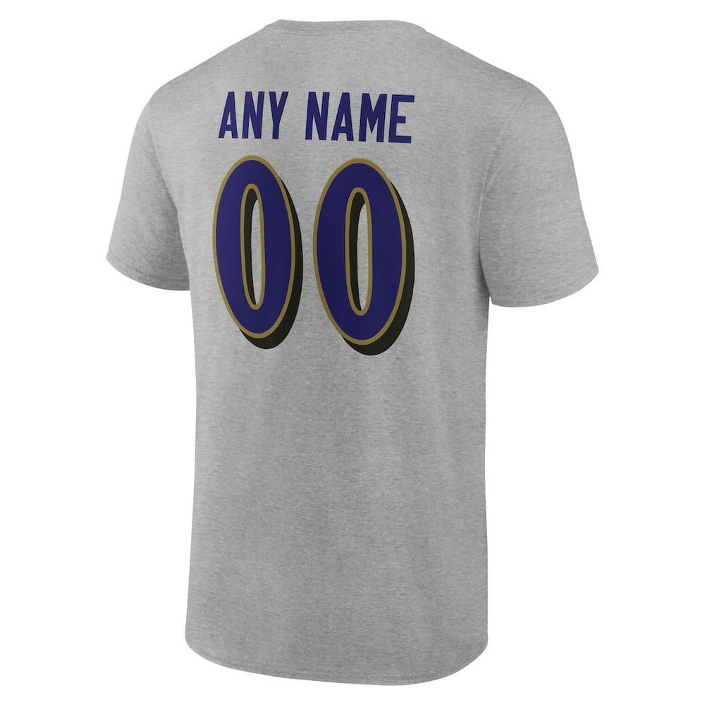 Baltimore Ravens Team Authentic Personalized Name & Number T-Shirt - Gray T-shirts