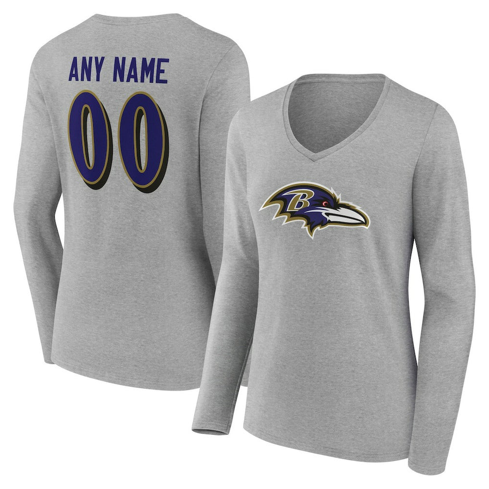 Baltimore Ravens Women's Team Authentic Personalized Name & Number Long Sleeve V-Neck T-Shirt - Gray T-shirts