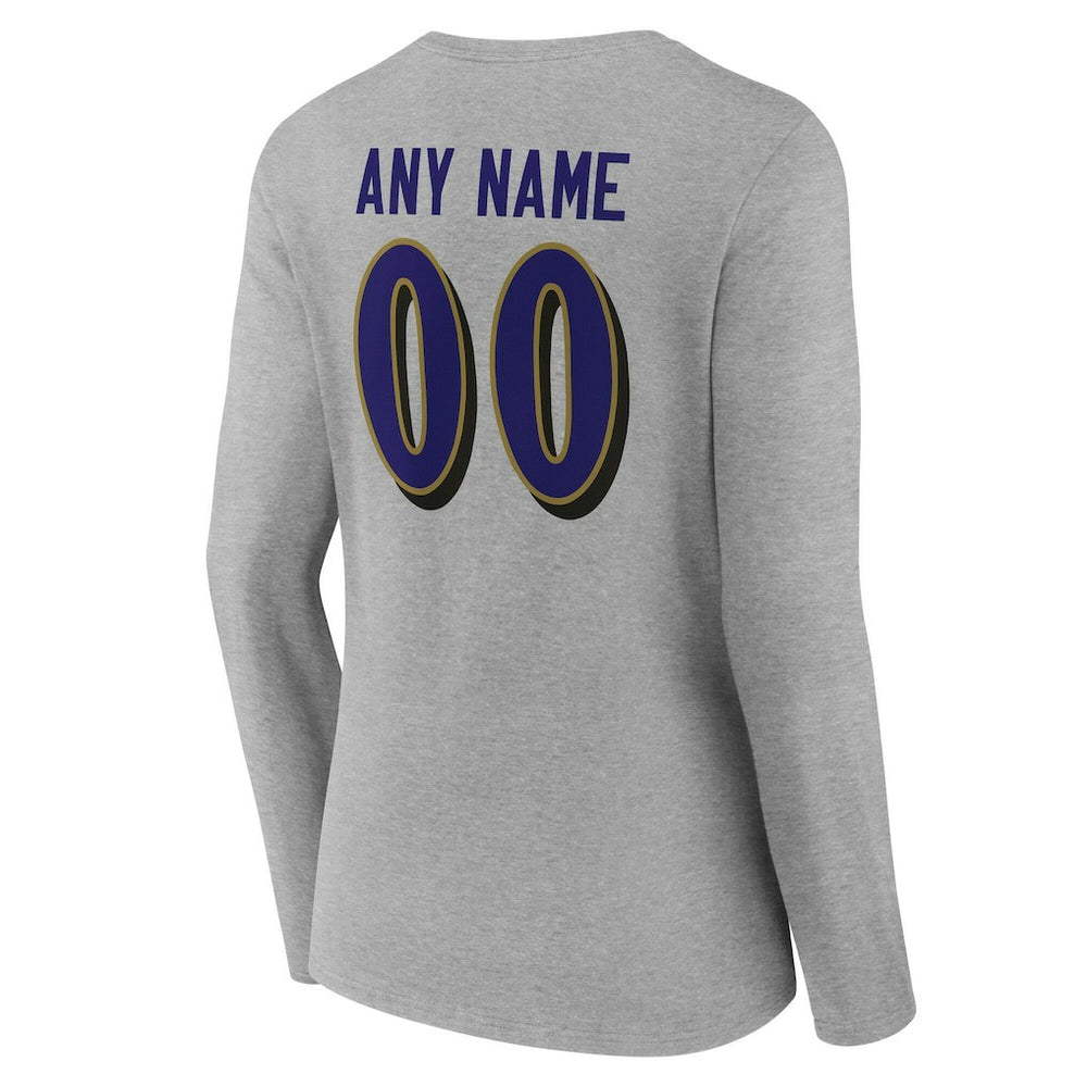 Baltimore Ravens Women's Team Authentic Personalized Name & Number Long Sleeve V-Neck T-Shirt - Gray T-shirts