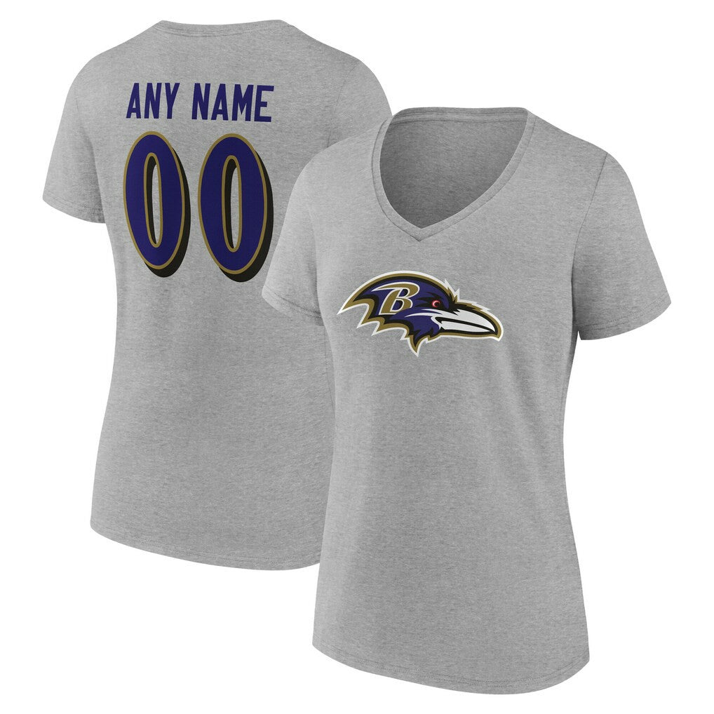 Baltimore Ravens Women's Team Authentic Personalized Name & Number V-Neck T-Shirt - Gray T-shirts