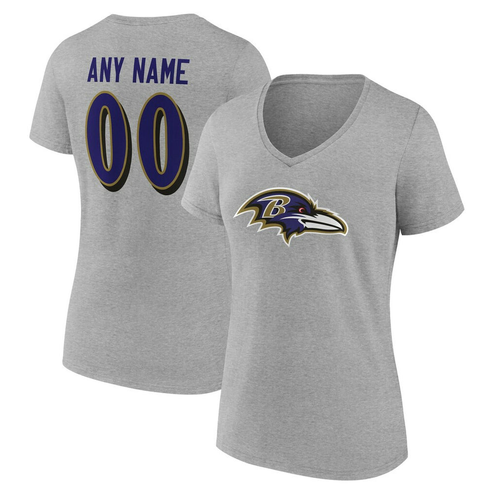 Baltimore Ravens Women's Team Authentic Personalized Name & Number V-Neck T-Shirt - Gray T-shirts