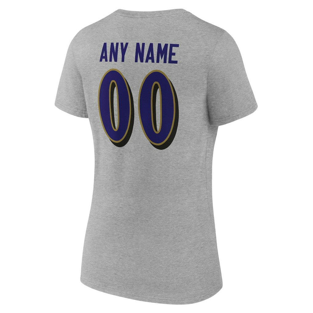 Baltimore Ravens Women's Team Authentic Personalized Name & Number V-Neck T-Shirt - Gray T-shirts