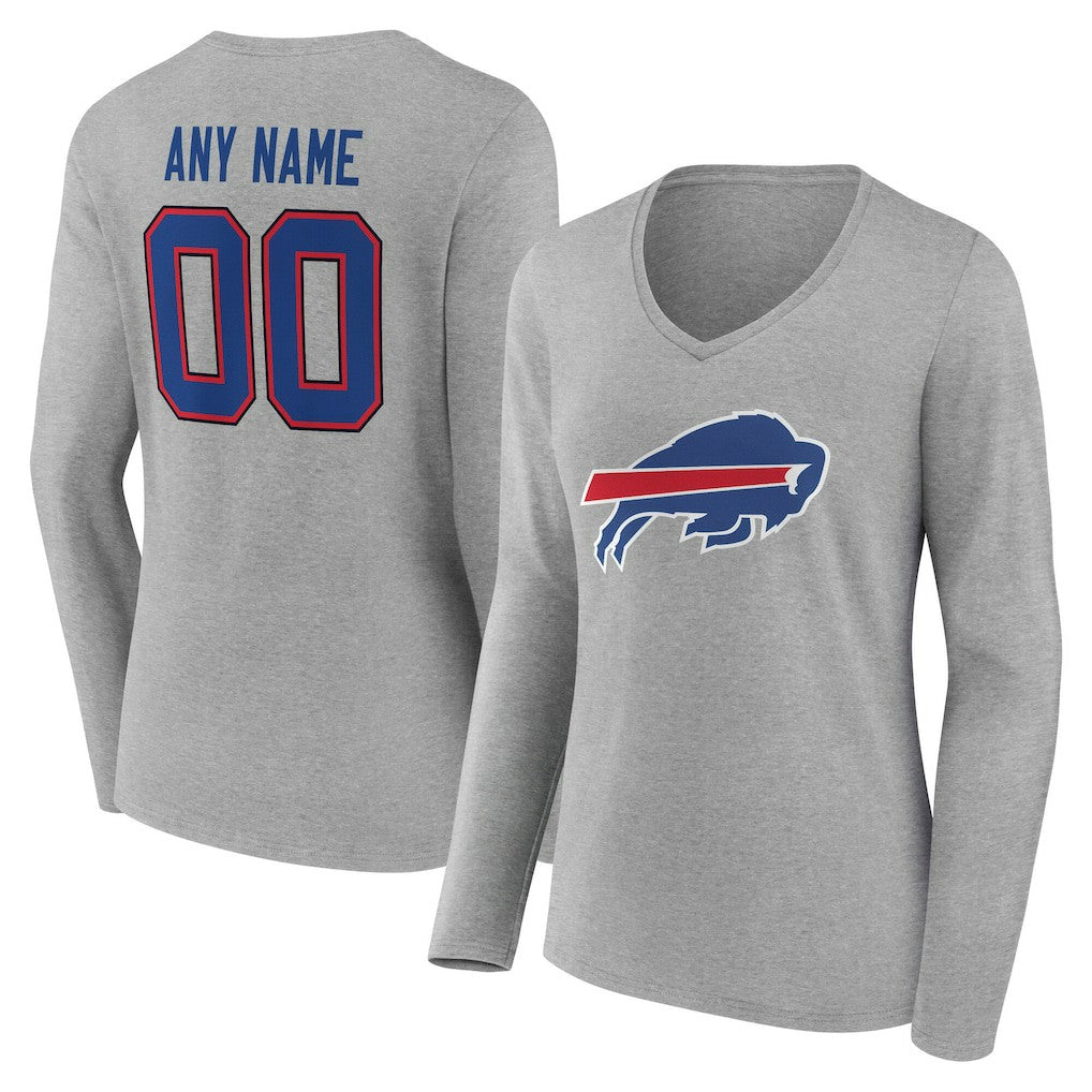 Buffalo Bills Women's Team Authentic Personalized Name & Number Long Sleeve V-Neck T-Shirt - Gray T-shirts