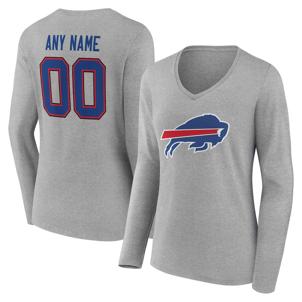 Buffalo Bills Women's Team Authentic Personalized Name & Number Long Sleeve V-Neck T-Shirt - Gray T-shirts