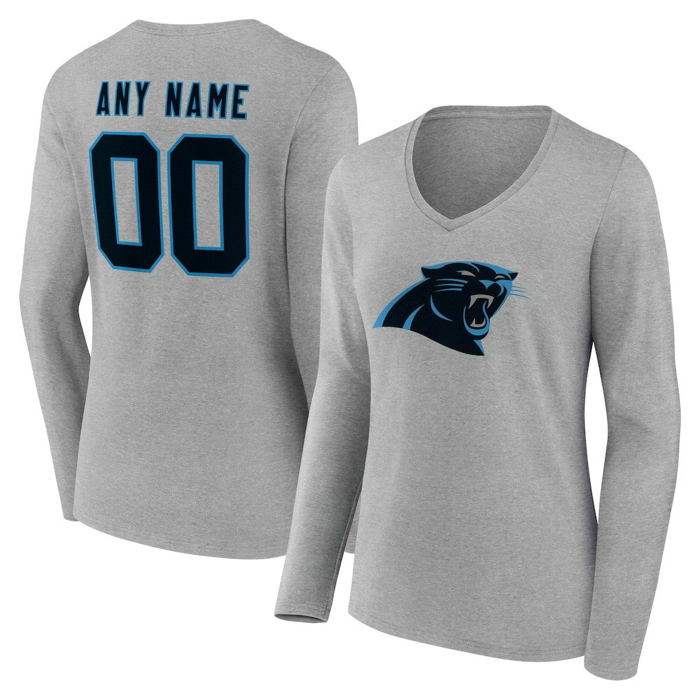 Carolina Panthers Women's Team Authentic Personalized Name & Number Long Sleeve V-Neck T-Shirt - Gray T-shirts